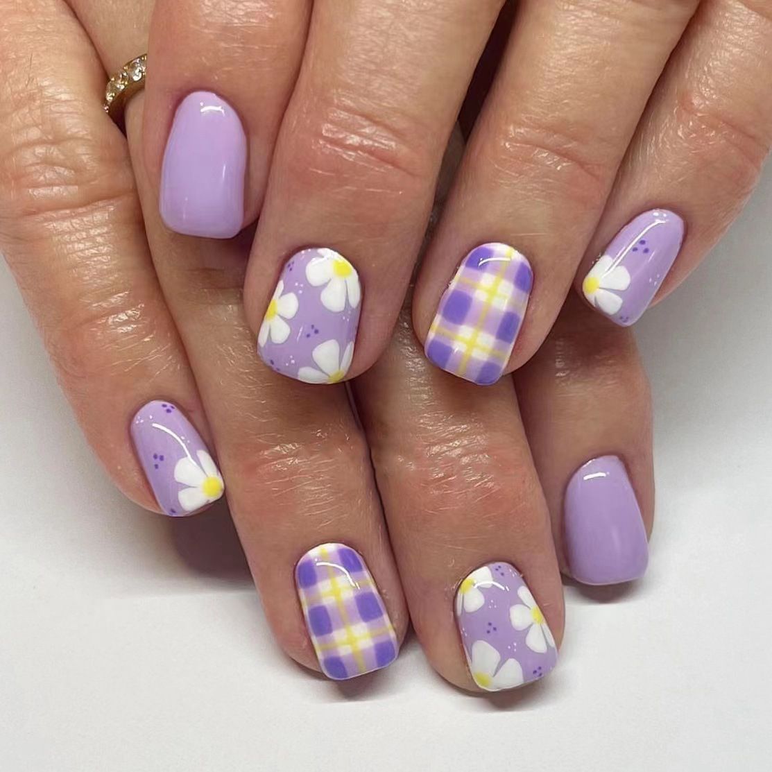 24pcs Square Wearable Fake Nails Reusable Stick On Nails Press on Full Cover False Nail Tips with Jelly Stickers Makeup Accessories Purple