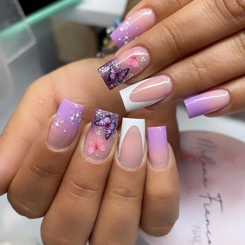 24pcs Square Wearable Fake Nails Reusable Stick On Nails Press on Full Cover False Nail Tips with Jelly Stickers Makeup Accessories Nail Art
