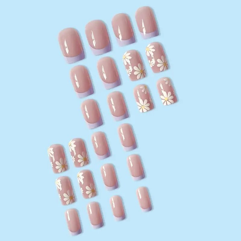 24pcs Square Wearable Fake Nails Reusable Stick On Nails Press on Full Cover False Nail Tips with Jelly Stickers Makeup Accessories Nail Art Flower view 5