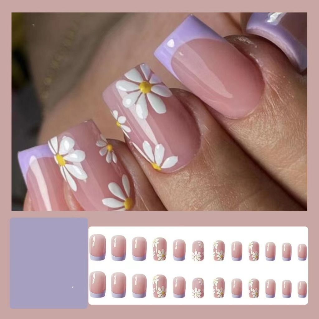 24pcs Square Wearable Fake Nails Reusable Stick On Nails Press on Full Cover False Nail Tips with Jelly Stickers Makeup Accessories Nail Art Flower view 4