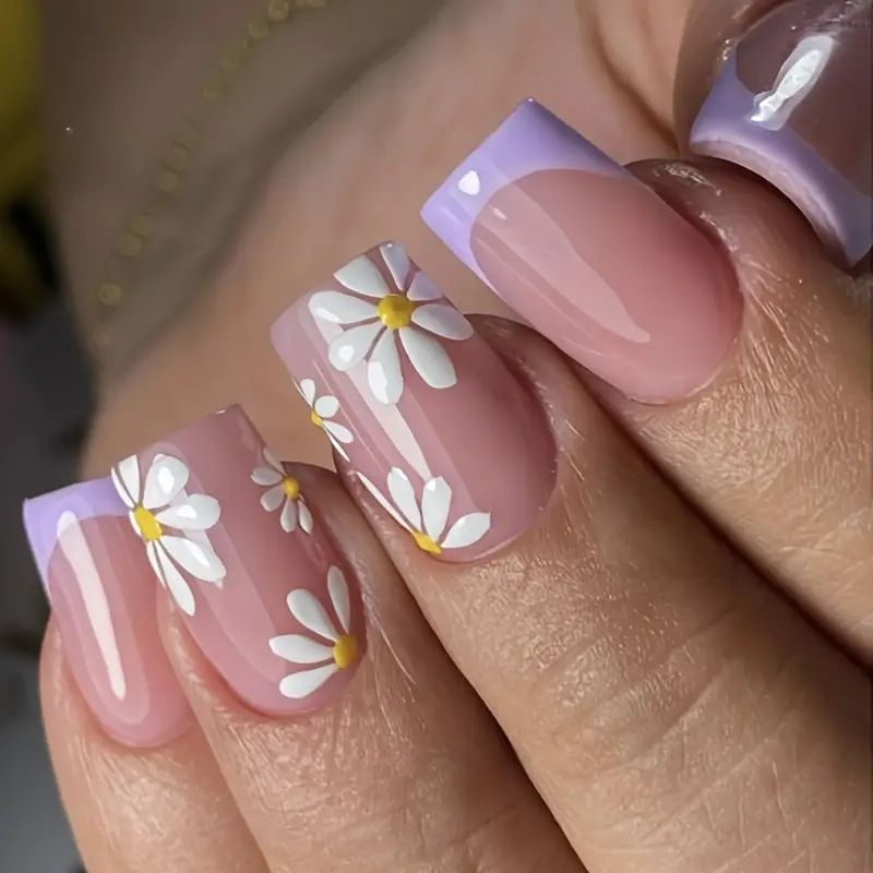 24pcs Square Wearable Fake Nails Reusable Stick On Nails Press on Full Cover False Nail Tips with Jelly Stickers Makeup Accessories Nail Art Flower