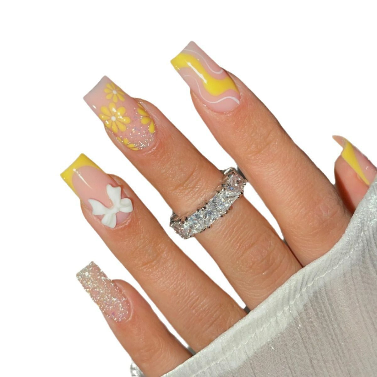 24pcs Square Wearable Fake Nails Reusable Stick On Nails Press on Full Cover False Nail Tips with Jelly Stickers Makeup Accessories Nail Art Flower view 7