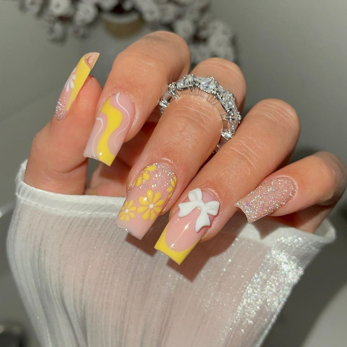24pcs Square Wearable Fake Nails Reusable Stick On Nails Press on Full Cover False Nail Tips with Jelly Stickers Makeup Accessories Nail Art Flower view 2