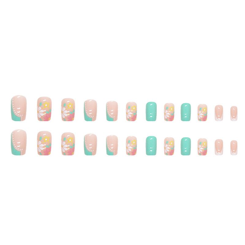 24pcs Square Wearable Fake Nails Reusable Stick On Nails Press on Full Cover False Nail Tips with Jelly Stickers Makeup Accessories Nail Art Flower view 9