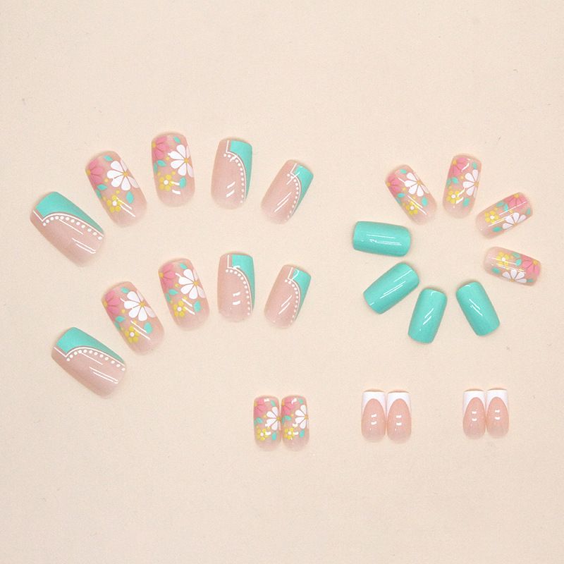 24pcs Square Wearable Fake Nails Reusable Stick On Nails Press on Full Cover False Nail Tips with Jelly Stickers Makeup Accessories Nail Art Flower view 10