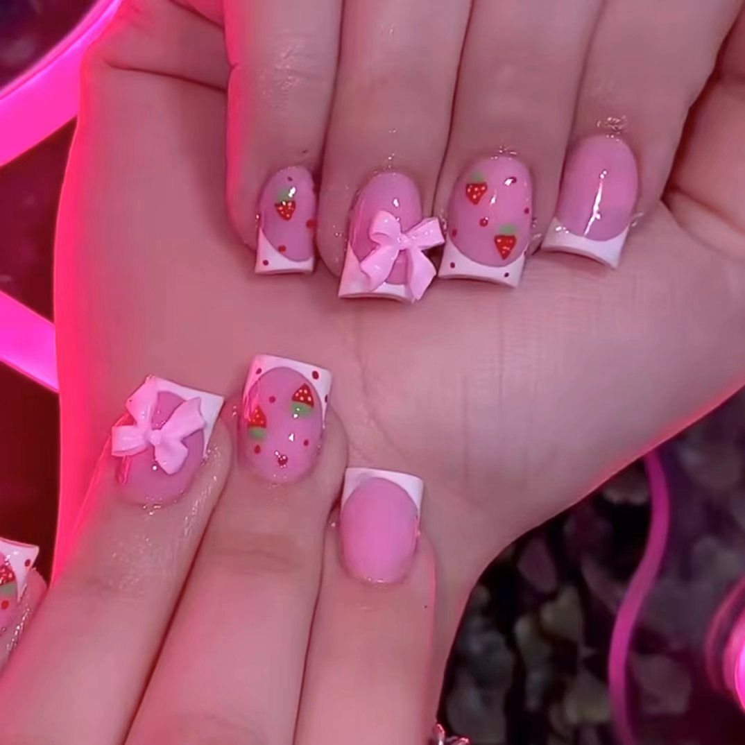 24pcs Square French Tip Wearable Fake Nails Reusable Stick On Nails Press on Full Cover False Nail Tips with Jelly Stickers Makeup Accessories Nail Art Bowknot