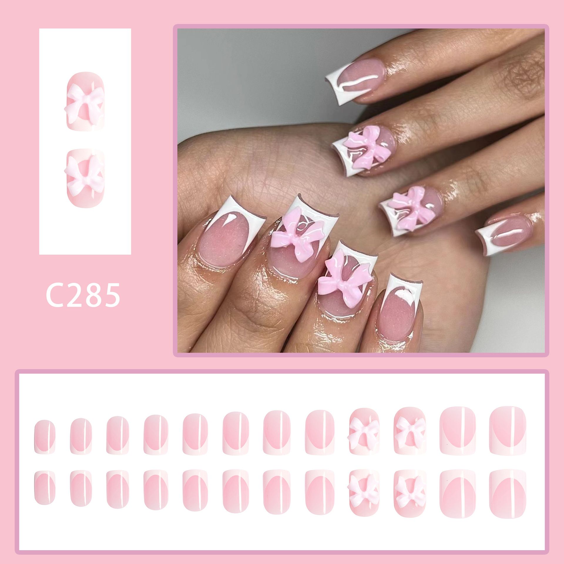24pcs Square French Tip Wearable Fake Nails Reusable Stick On Nails Press on Full Cover False Nail Tips with Jelly Stickers Makeup Accessories Nail Art Bowknot