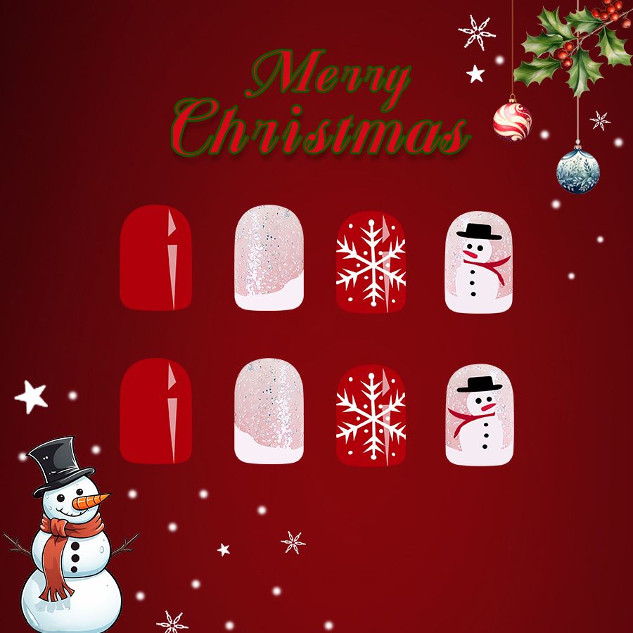 24pcs Shiny Wearable Fake Nails Reusable Stick On Nails Press on Full Cover False Nail Tips with Jelly Stickers Makeup Accessories Nail Art Christmas Snowman view 5