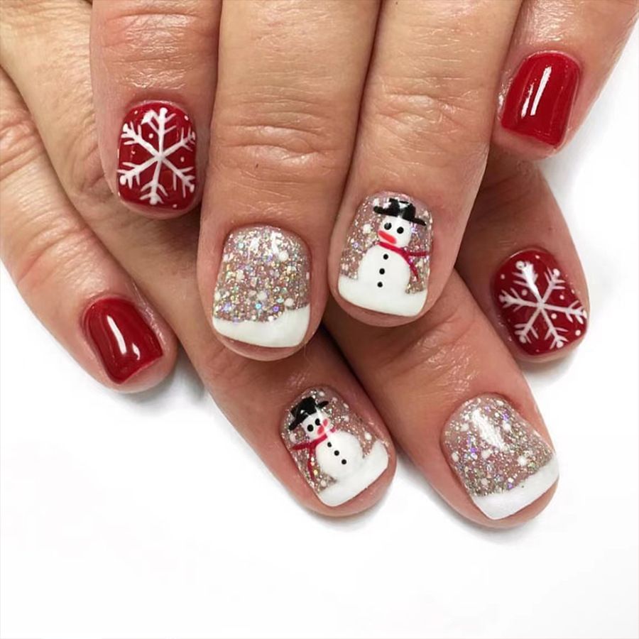 24pcs Shiny Wearable Fake Nails Reusable Stick On Nails Press on Full Cover False Nail Tips with Jelly Stickers Makeup Accessories Nail Art Christmas Snowman