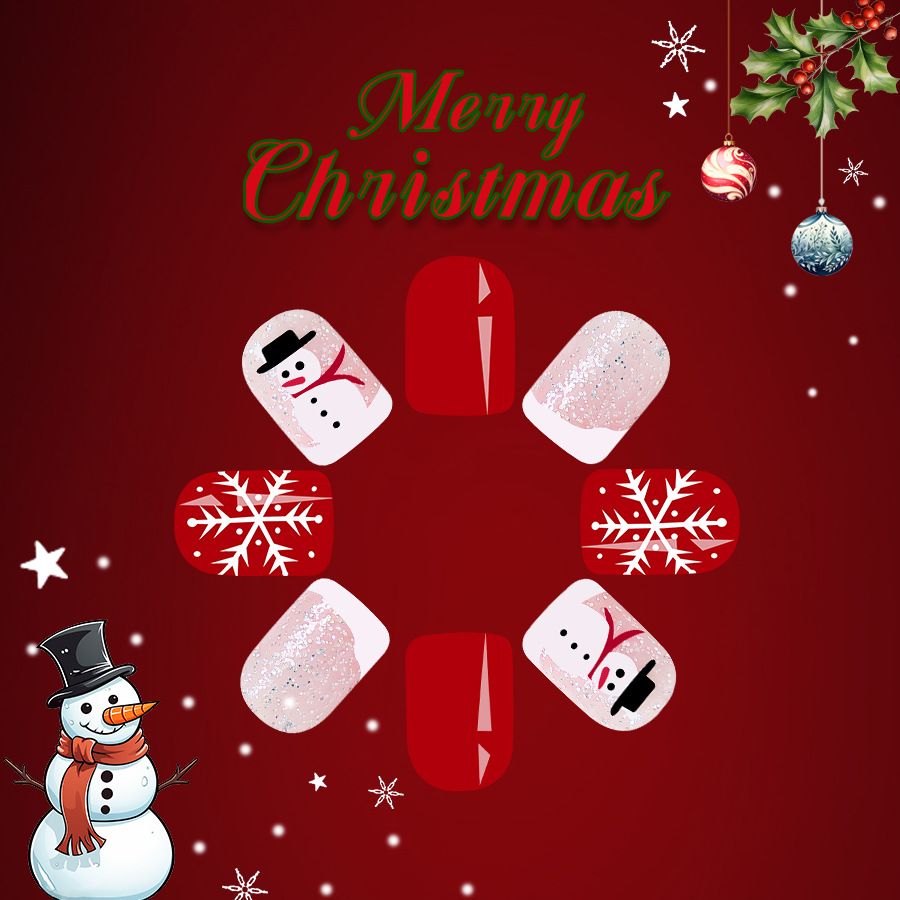 24pcs Shiny Wearable Fake Nails Reusable Stick On Nails Press on Full Cover False Nail Tips with Jelly Stickers Makeup Accessories Nail Art Christmas Snowman view 6