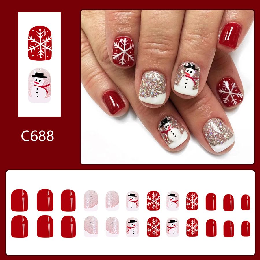 24pcs Shiny Wearable Fake Nails Reusable Stick On Nails Press on Full Cover False Nail Tips with Jelly Stickers Makeup Accessories Nail Art Christmas Snowman view 4