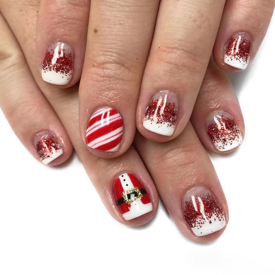 24pcs Shiny Wearable Fake Nails Reusable Stick On Nails Press on Full Cover False Nail Tips with Jelly Stickers Makeup Accessories Nail Art Christmas Snowman view 2