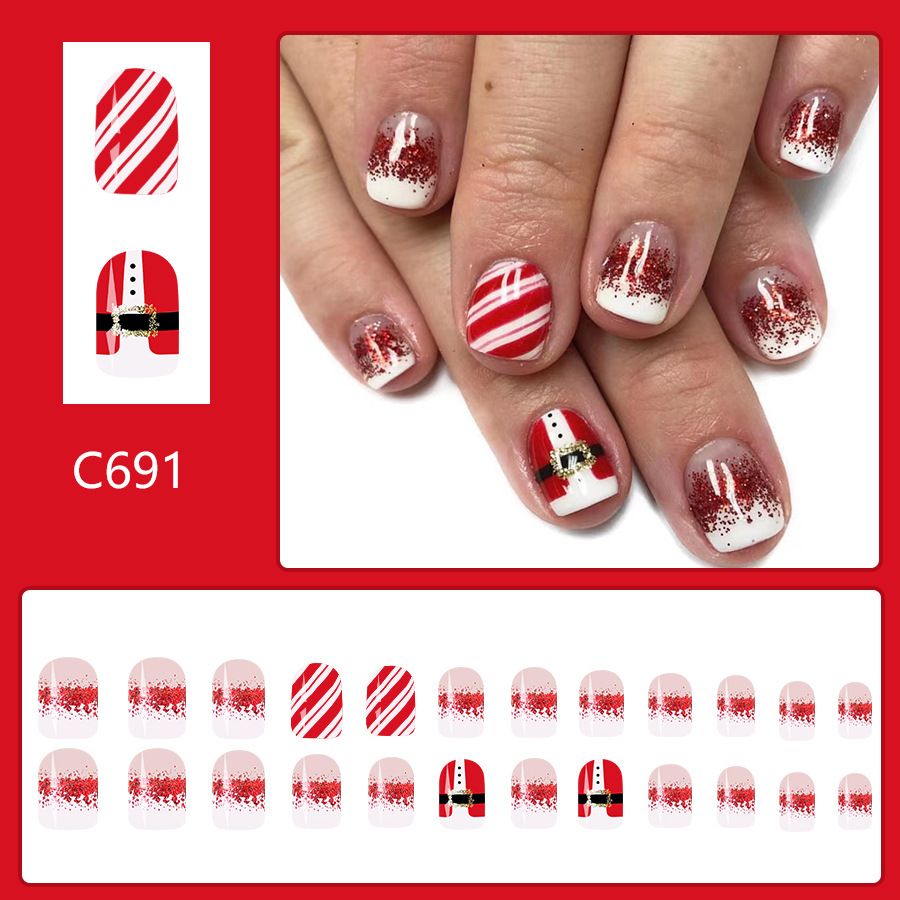24pcs Shiny Wearable Fake Nails Reusable Stick On Nails Press on Full Cover False Nail Tips with Jelly Stickers Makeup Accessories Nail Art Christmas Snowman view 7