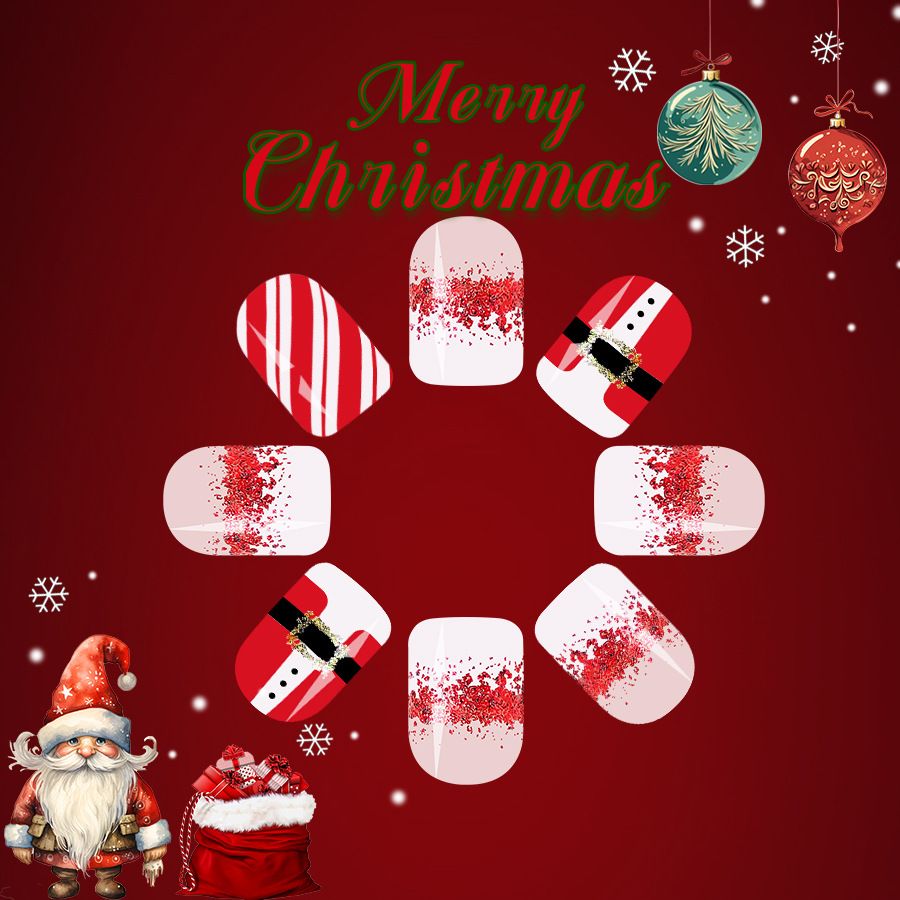 24pcs Shiny Wearable Fake Nails Reusable Stick On Nails Press on Full Cover False Nail Tips with Jelly Stickers Makeup Accessories Nail Art Christmas Snowman view 8