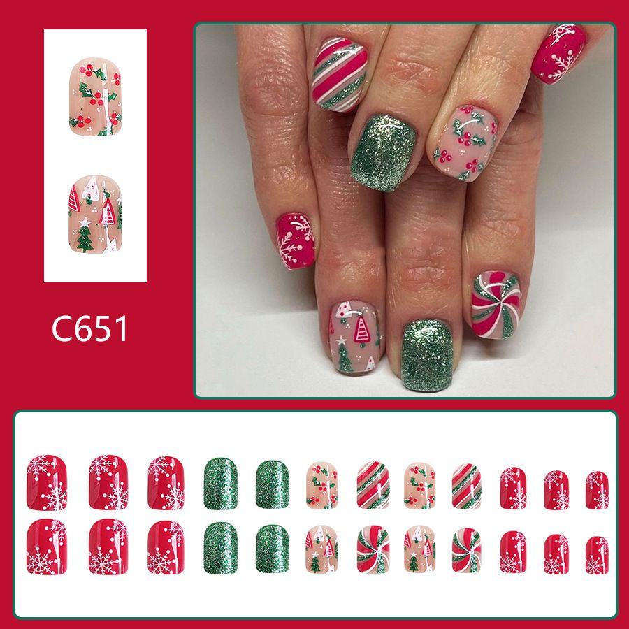 24pcs Shiny Wearable Fake Nails Reusable Stick On Nails Press on Full Cover False Nail Tips with Jelly Stickers Makeup Accessories Nail Art Christmas Snowman view 9