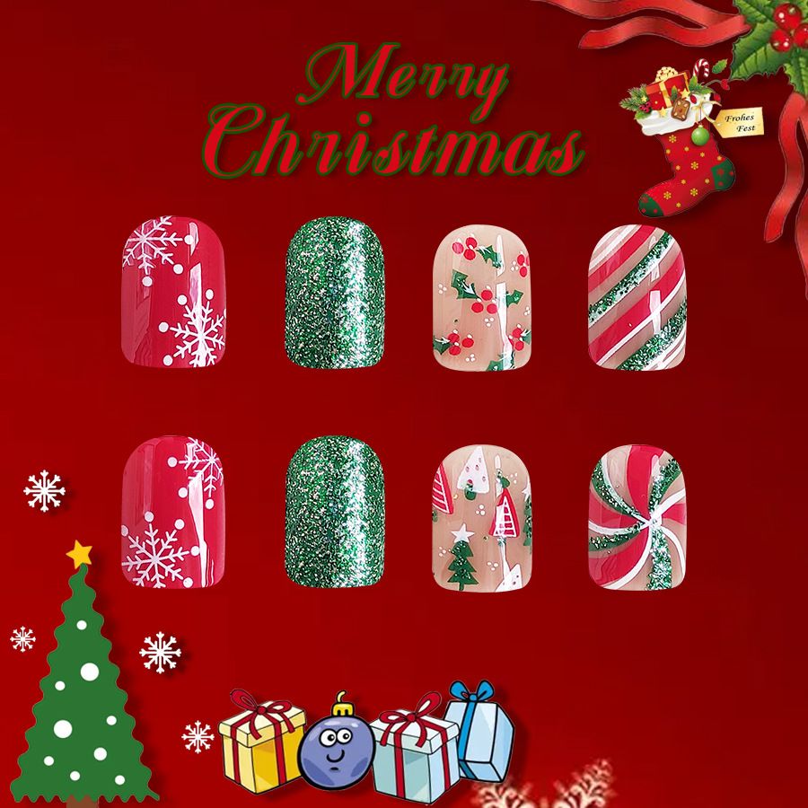 24pcs Shiny Wearable Fake Nails Reusable Stick On Nails Press on Full Cover False Nail Tips with Jelly Stickers Makeup Accessories Nail Art Christmas Snowman view 10