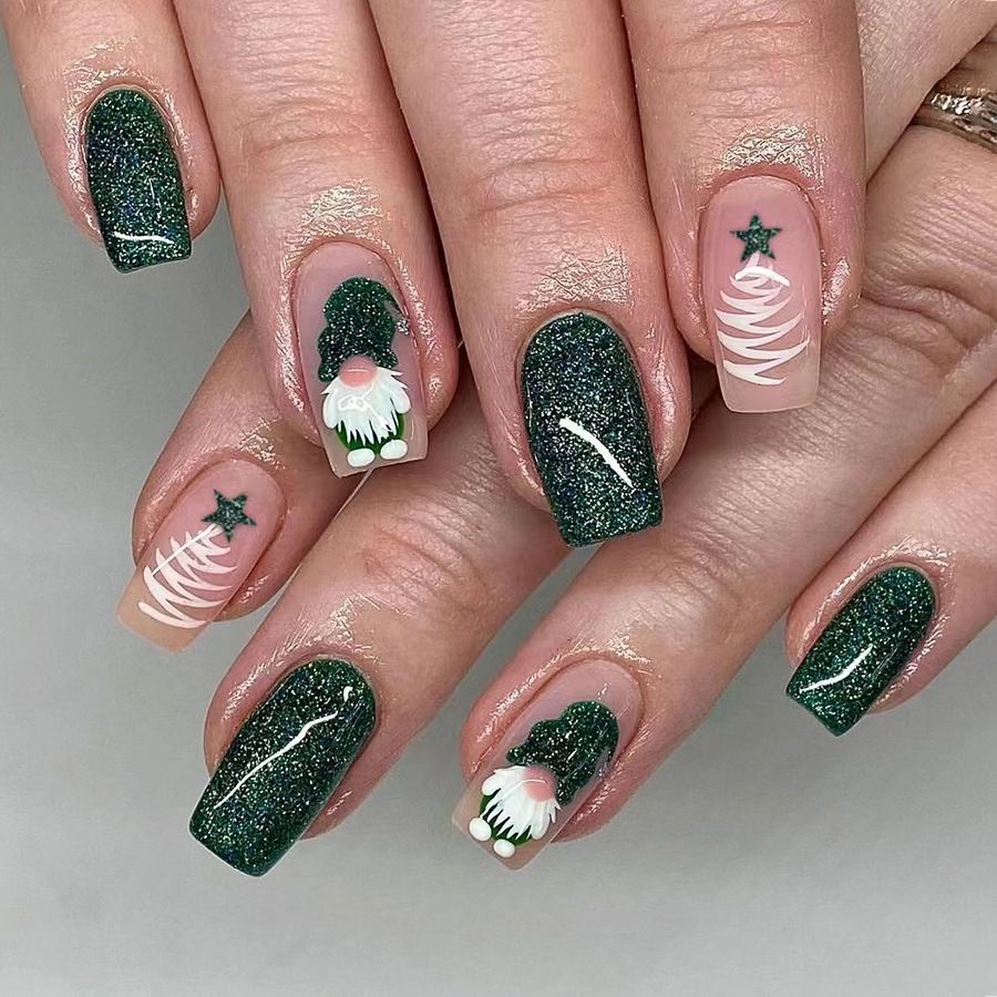 24pcs Shiny Wearable Fake Nails Reusable Stick On Nails Press on Full Cover False Nail Tips with Jelly Stickers Makeup Accessories Nail Art Christmas