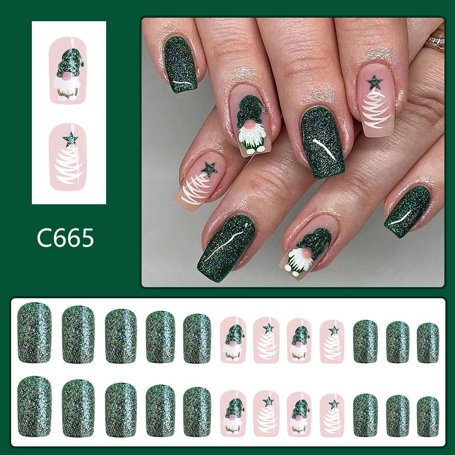 24pcs Shiny Wearable Fake Nails Reusable Stick On Nails Press on Full Cover False Nail Tips with Jelly Stickers Makeup Accessories Nail Art Christmas view 4
