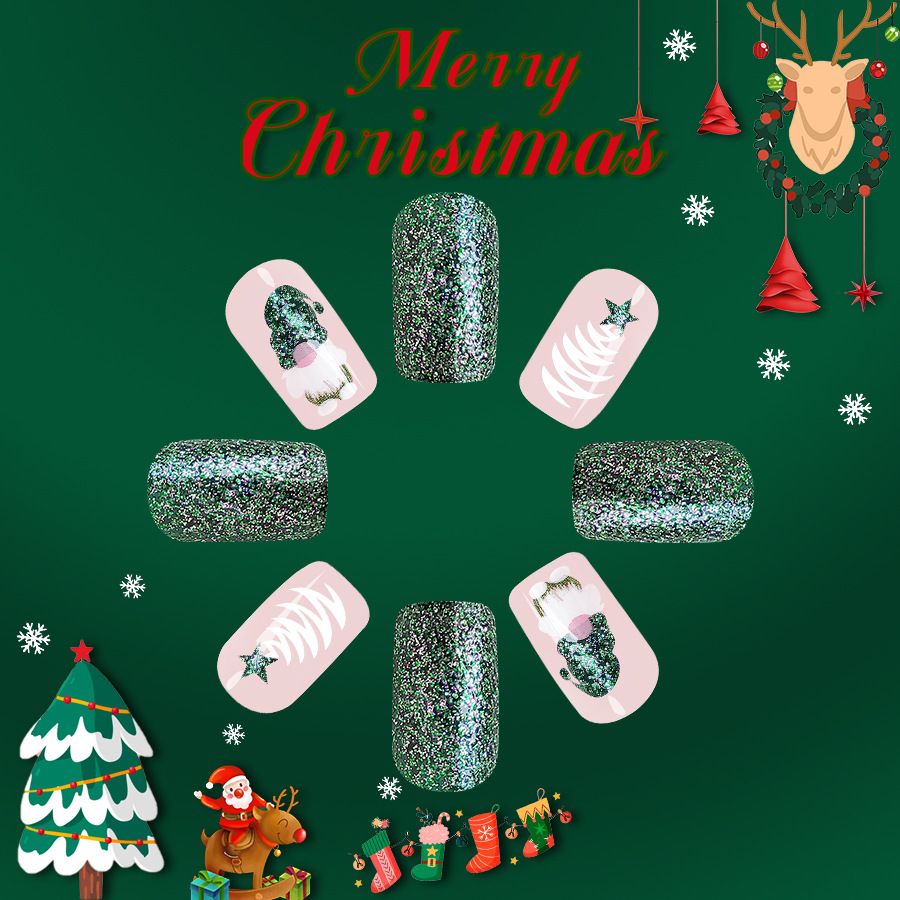 24pcs Shiny Wearable Fake Nails Reusable Stick On Nails Press on Full Cover False Nail Tips with Jelly Stickers Makeup Accessories Nail Art Christmas view 5