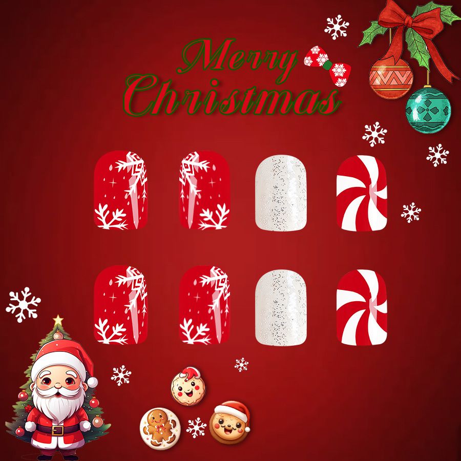 24pcs Shiny Wearable Fake Nails Reusable Stick On Nails Press on Full Cover False Nail Tips with Jelly Stickers Makeup Accessories Nail Art Christmas view 8