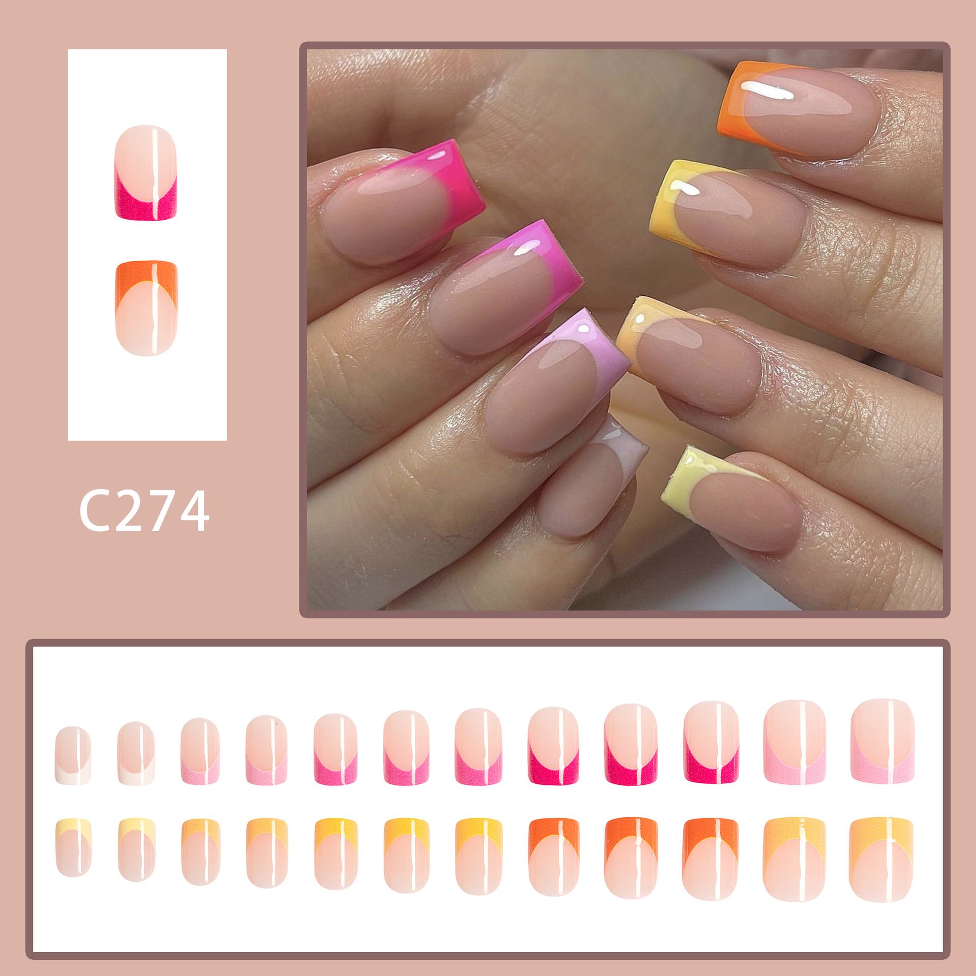 24pcs Square French Tip Wearable Fake Nails Reusable Stick On Nails Press on Full Cover False Nail Tips with Jelly Stickers Makeup Accessories Nail Art Multicolor view 4