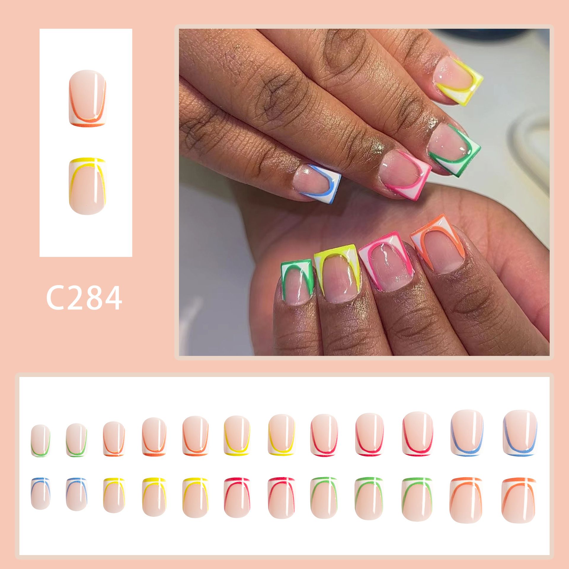 24pcs Square French Tip Wearable Fake Nails Reusable Stick On Nails Press on Full Cover False Nail Tips with Jelly Stickers Makeup Accessories Nail Art Multicolor view 7
