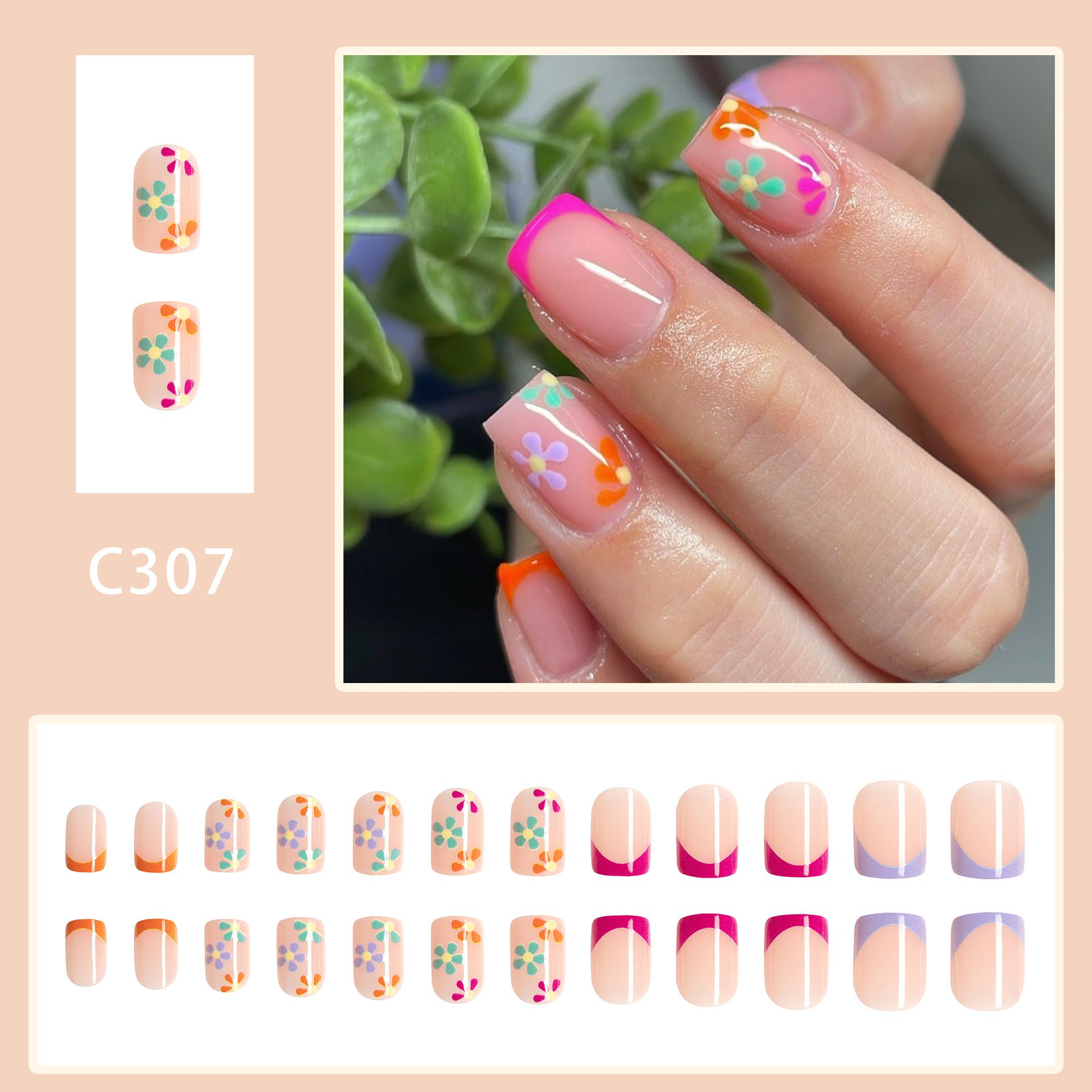 24pcs Square French Tip Wearable Fake Nails Reusable Stick On Nails Press on Full Cover False Nail Tips with Jelly Stickers Makeup Accessories Nail Art Multicolor view 9