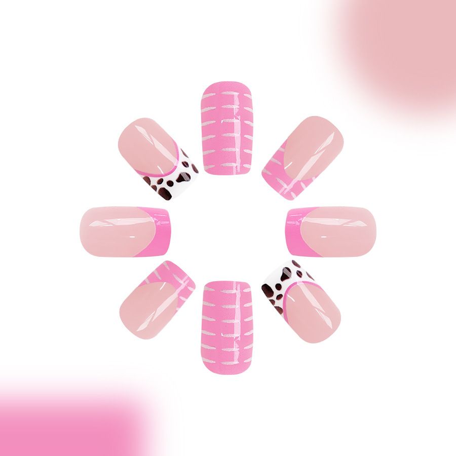 24pcs Square French Tip Wearable Fake Nails Reusable Stick On Nails Press on Full Cover False Nail Tips with Jelly Stickers Makeup Accessories Nail Art Pink view 4