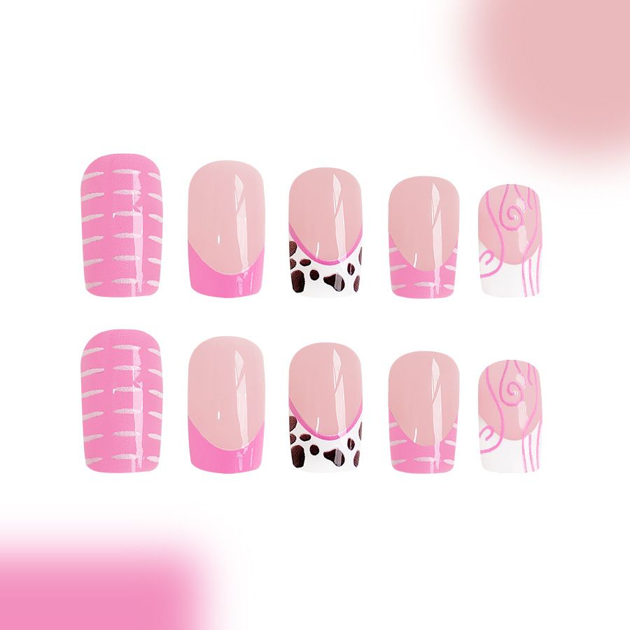 24pcs Square French Tip Wearable Fake Nails Reusable Stick On Nails Press on Full Cover False Nail Tips with Jelly Stickers Makeup Accessories Nail Art Pink view 5