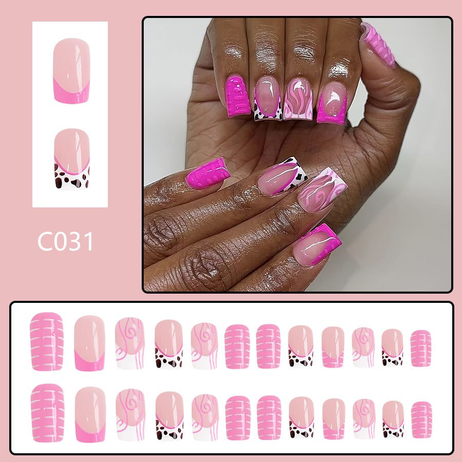 24pcs Square French Tip Wearable Fake Nails Reusable Stick On Nails Press on Full Cover False Nail Tips with Jelly Stickers Makeup Accessories Nail Art Pink view 3
