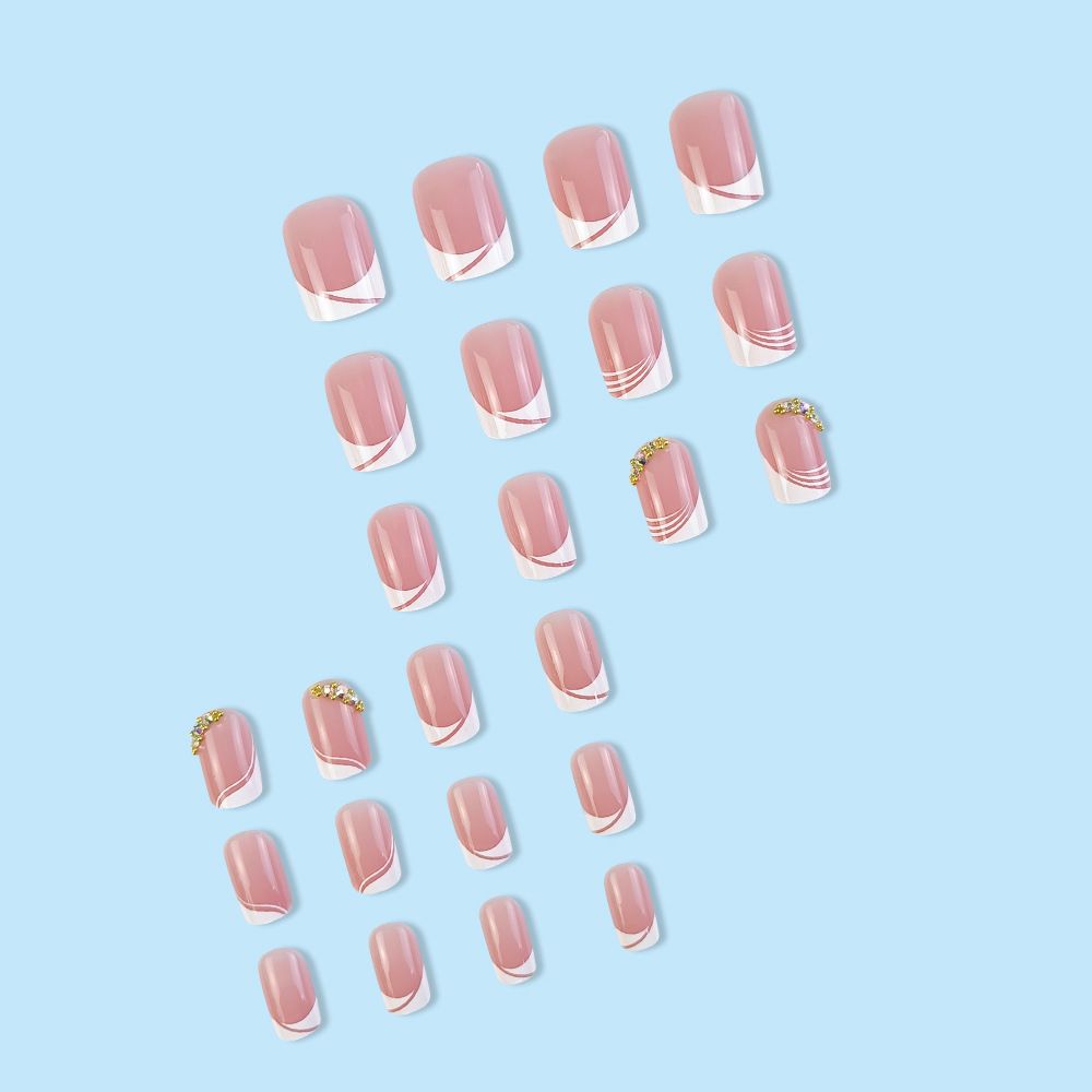 24pcs Square French Tip Wearable Fake Nails Reusable Stick On Nails Press on Full Cover False Nail Tips with Jelly Stickers Makeup Accessories Nail Art