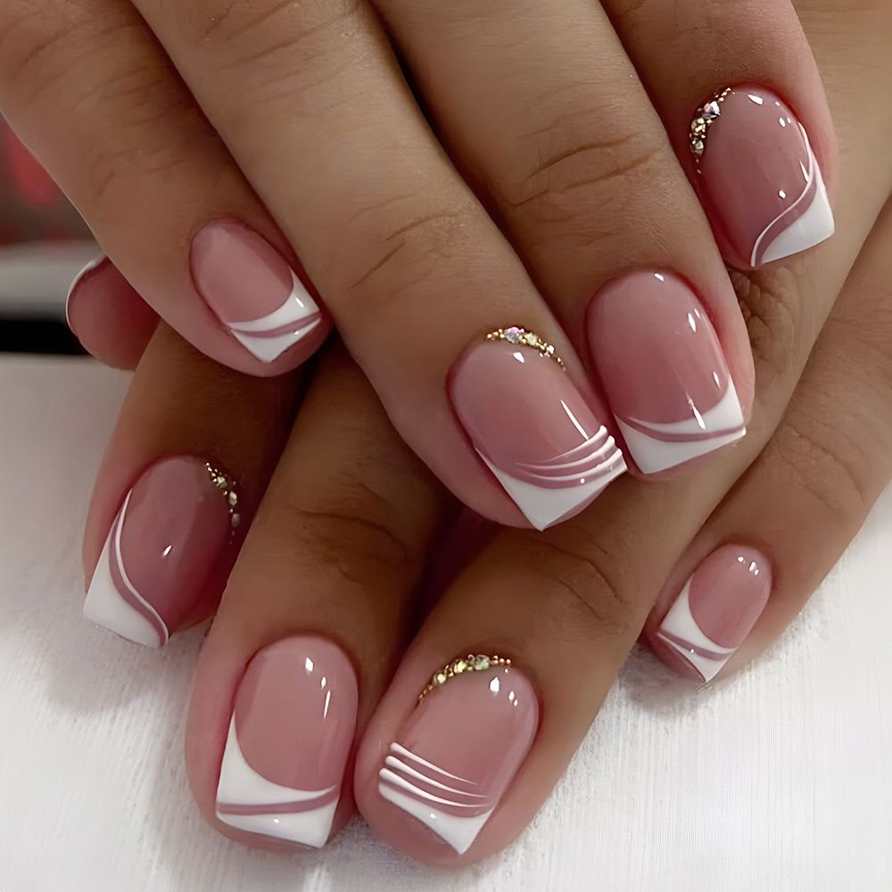 24pcs Square French Tip Wearable Fake Nails Reusable Stick On Nails Press on Full Cover False Nail Tips with Jelly Stickers Makeup Accessories Nail Art