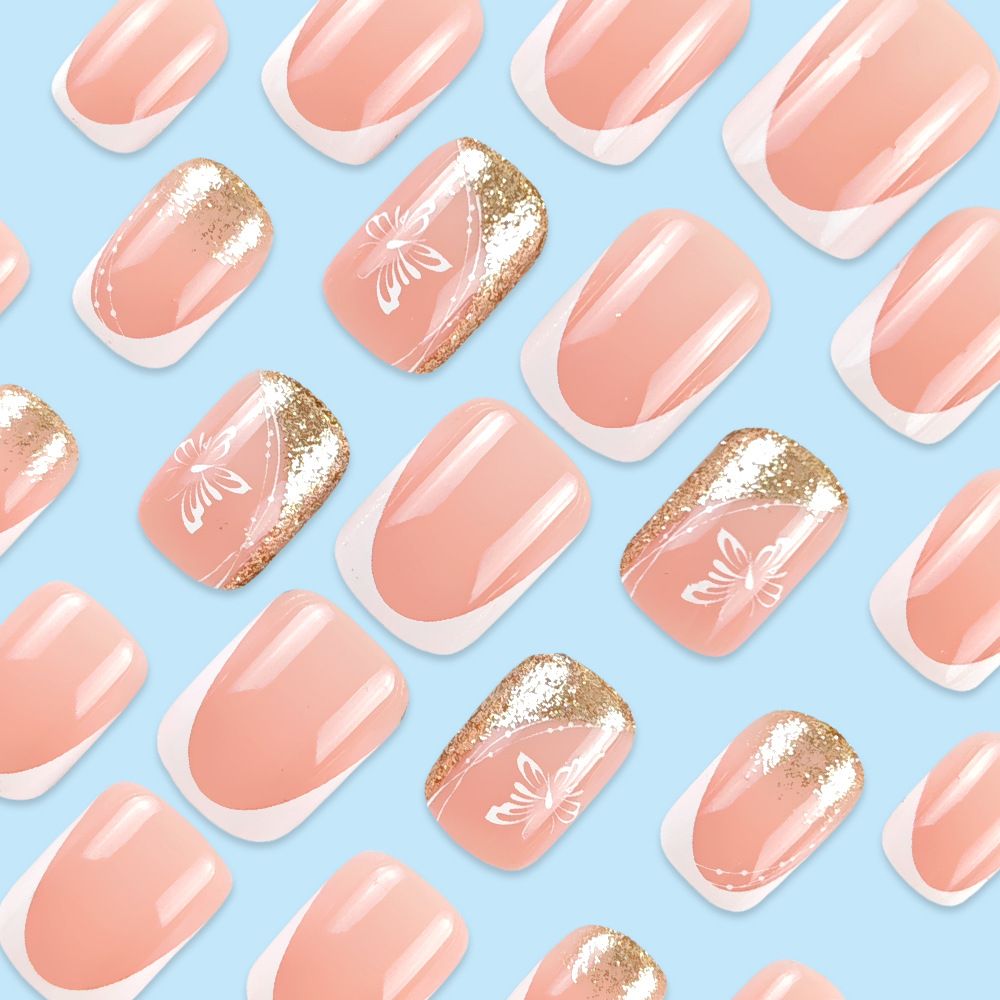 24pcs Square French Tip Wearable Fake Nails Reusable Stick On Nails Press on Full Cover False Nail Tips with Jelly Stickers Makeup Accessories Nail Art