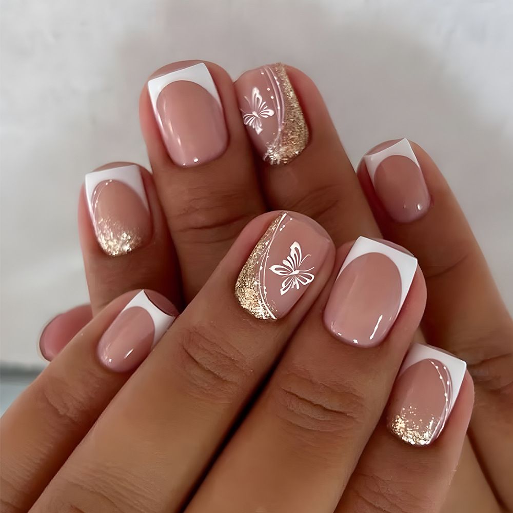 24pcs Square French Tip Wearable Fake Nails Reusable Stick On Nails Press on Full Cover False Nail Tips with Jelly Stickers Makeup Accessories Nail Art