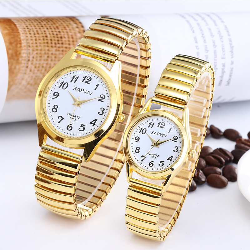 2pcs/set Couple Watches Large Dial Pointer Digital face men and  women's elastic band quartz couples Fashionable pair of watches Type 1