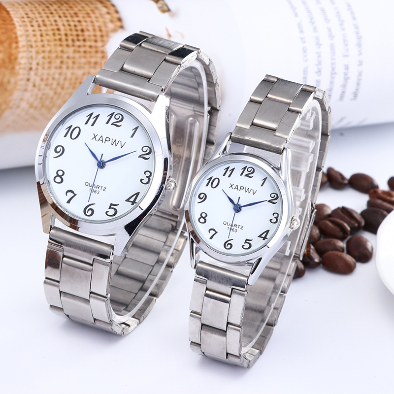 2pcs/set Couple Watches Large Dial Pointer Digital face men and  women's elastic band quartz couples Fashionable pair of watches
