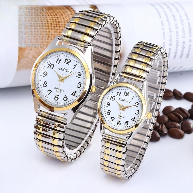 2pcs/set Couple Watches Large Dial Pointer Digital face men and  women's elastic band quartz couples Fashionable pair of watches Type 2