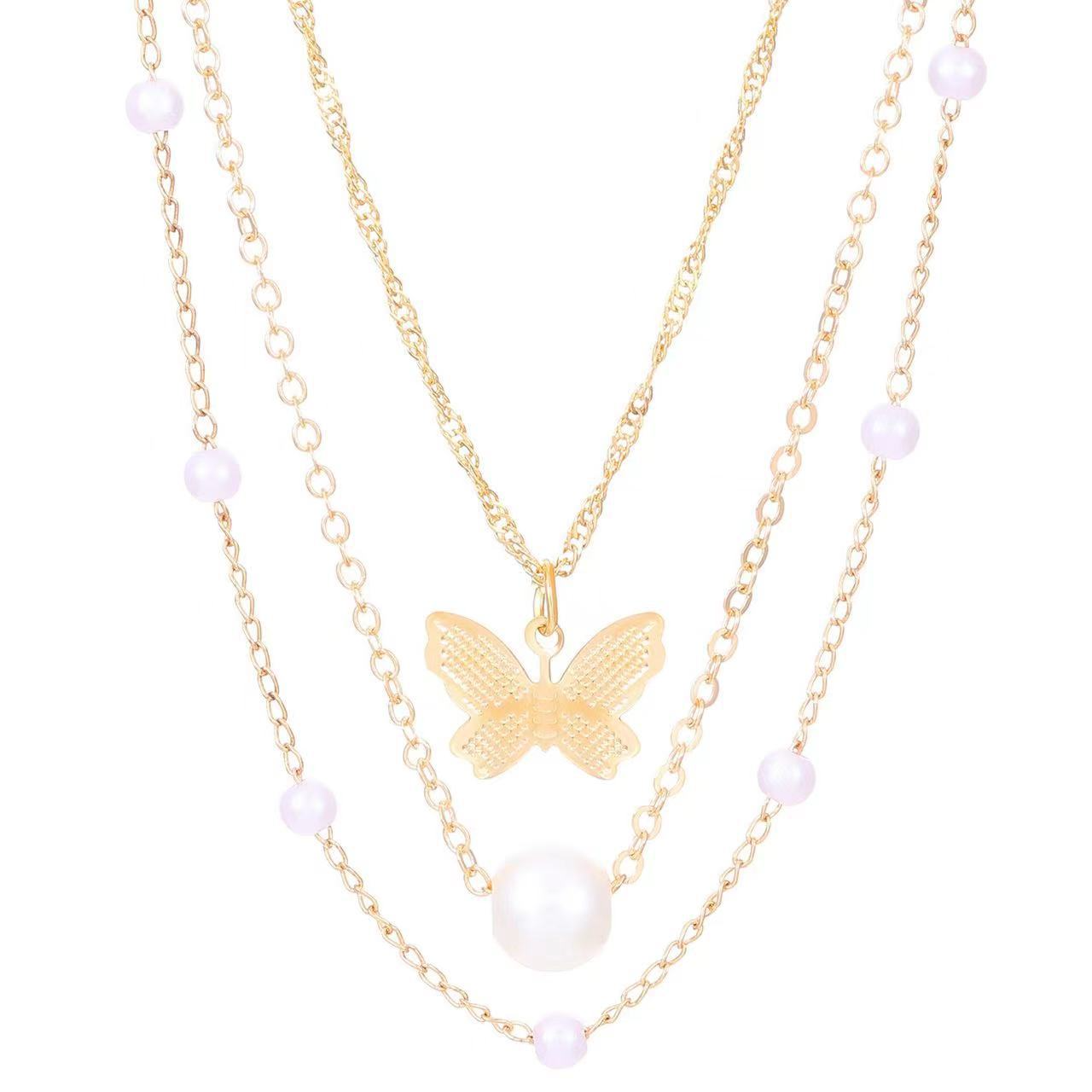 Simple Personality Pearl Butterfly Necklace Women'S Multi-Layered Clavicle Chain High-End Accessories