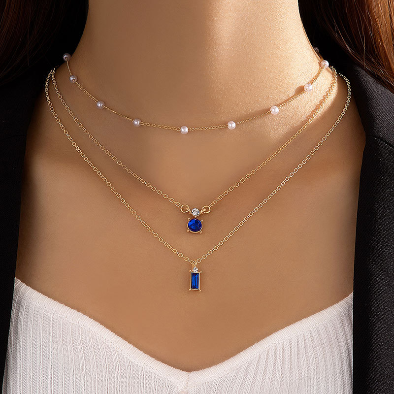 [Three-Layer Necklace] Simple Sweater Chain Creative Retro Imitation Emerald Blue-Green Pearl Chain Multi-Layer Clavicle Chain