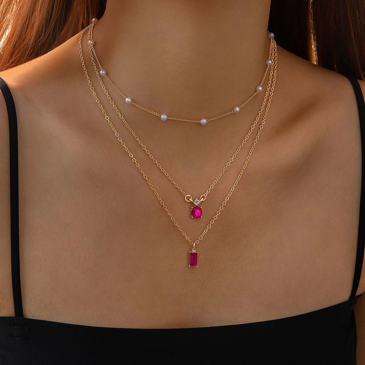 [Three-Layer Necklace] Simple Sweater Chain Creative Retro Imitation Emerald Blue-Green Pearl Chain Multi-Layer Clavicle Chain