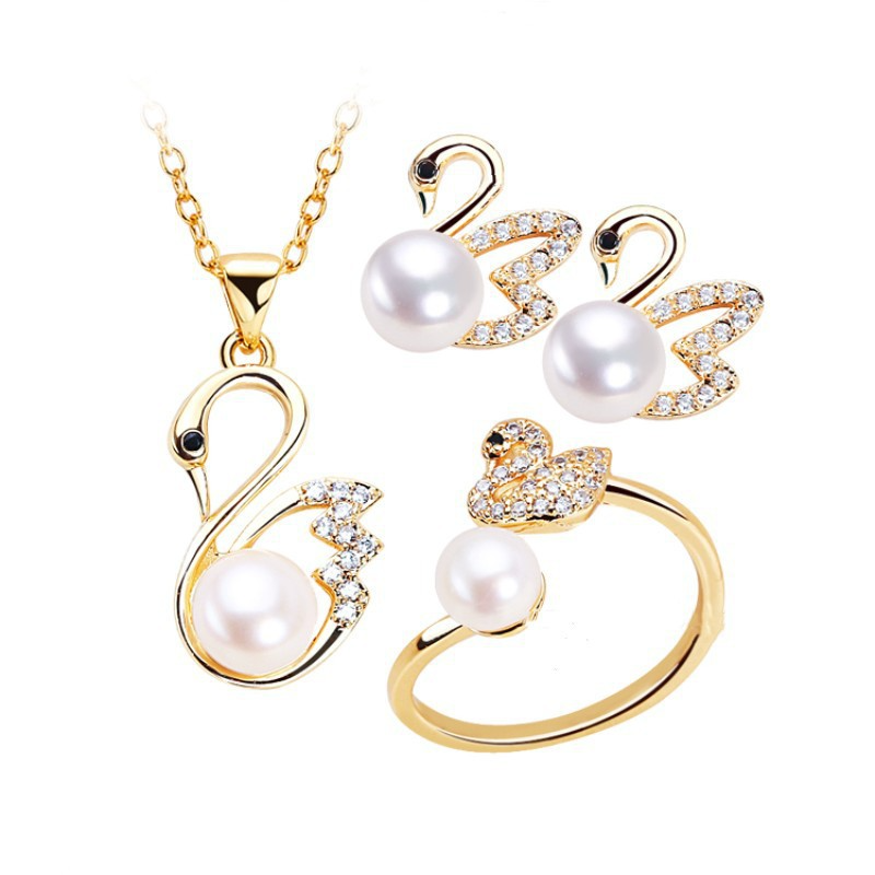Small Design Swan Freshwater Pearl Set Pendant Ring Earring Three-Piece Set