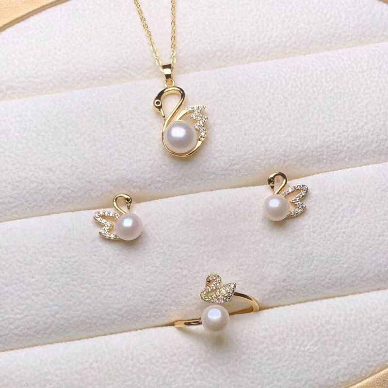 Small Design Swan Freshwater Pearl Set Pendant Ring Earring Three-Piece Set