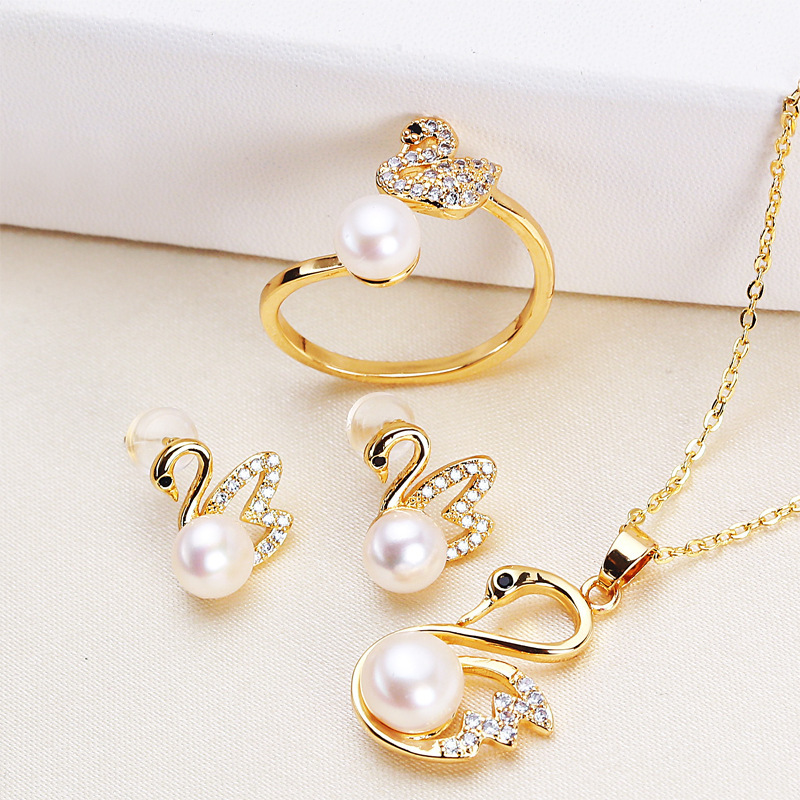 Small Design Swan Freshwater Pearl Set Pendant Ring Earring Three-Piece Set