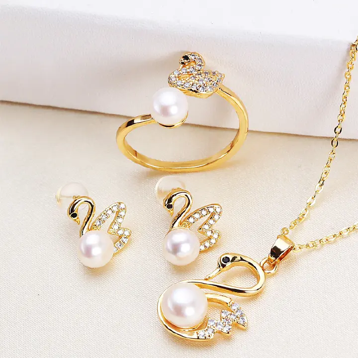 Small Design Swan Freshwater Pearl Set Pendant Ring Earring Three-Piece Set
