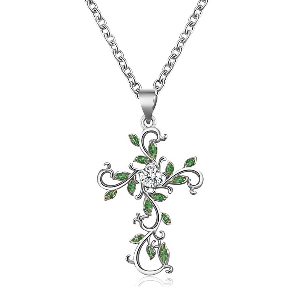 New Personalized Flower Cross Necklace Temperament Diamond Leaf Clavicle Necklace Necklace Female Accessories