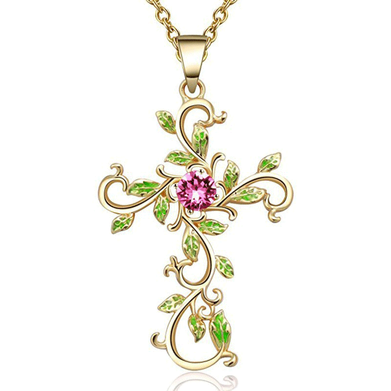 New Personalized Flower Cross Necklace Temperament Diamond Leaf Clavicle Necklace Necklace Female Accessories