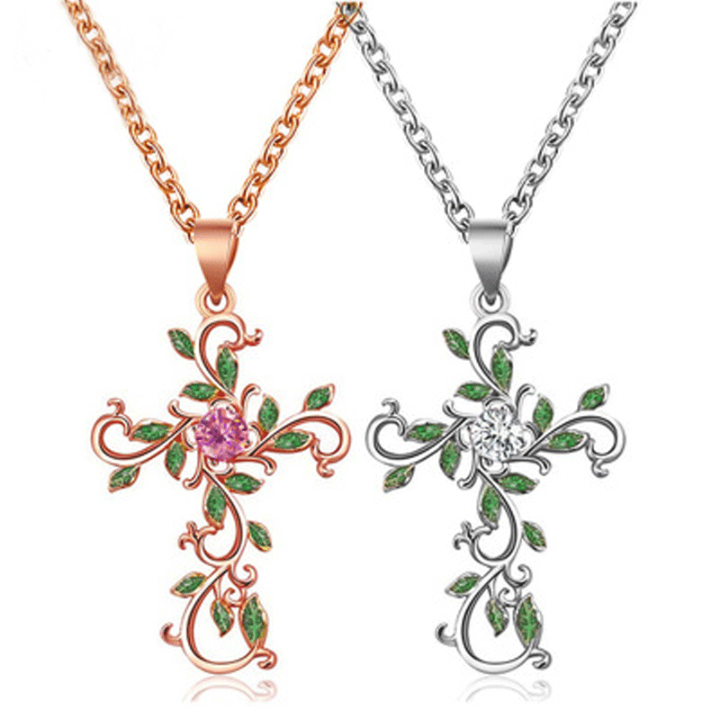 New Personalized Flower Cross Necklace Temperament Diamond Leaf Clavicle Necklace Necklace Female Accessories