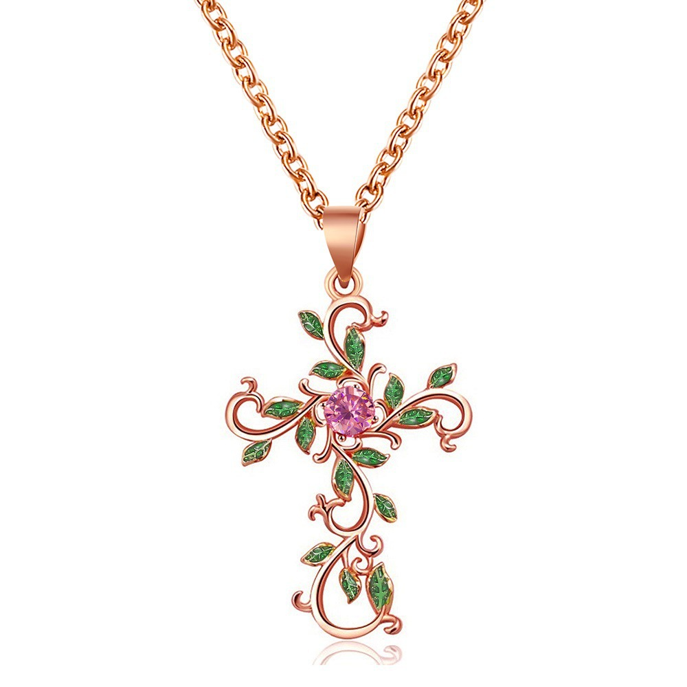 New Personalized Flower Cross Necklace Temperament Diamond Leaf Clavicle Necklace Necklace Female Accessories