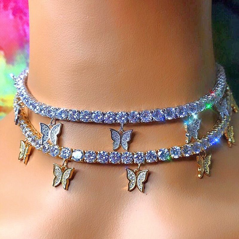 Rhinestone butterfly pendant necklace female ins wind neck chain hip-hop temperament niche alloy jewelry