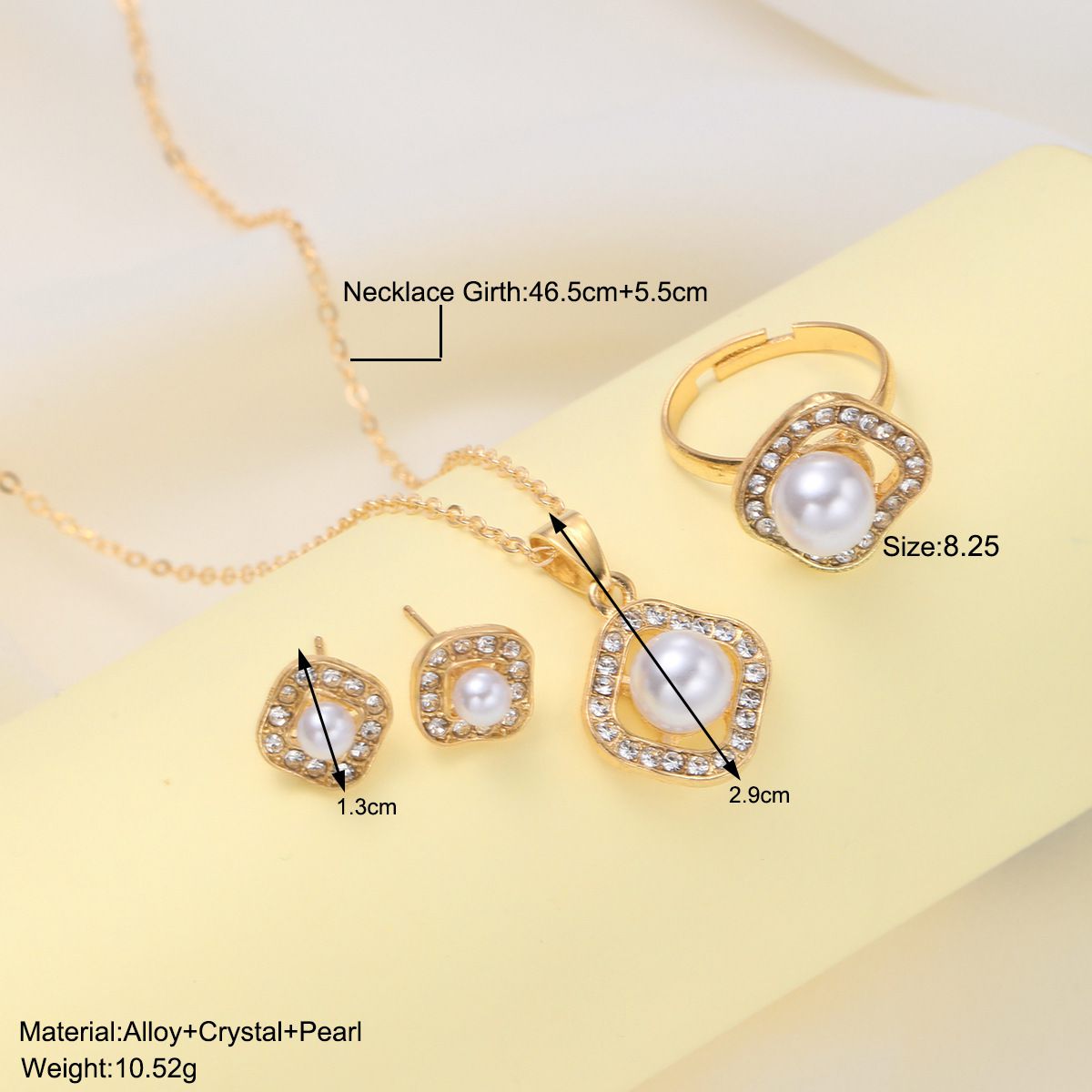 [Three-piece set] New fashionable high-end diamond-encrusted pearl square earrings ring necklace set three-piece set